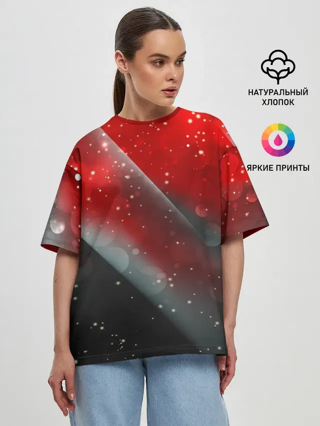 Женская футболка оверсайз с принтом «Glitter — Red & Black»