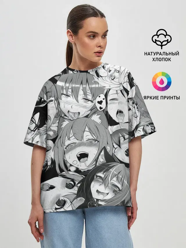 Женская футболка оверсайз с принтом «Ahegao — AHEGAO monochrome»