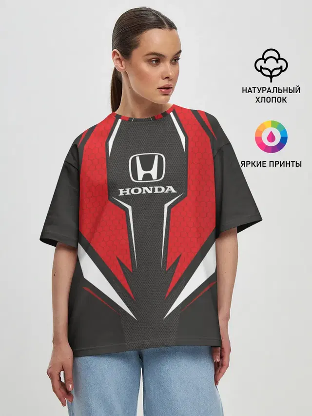 Женская футболка оверсайз с принтом «Honda Driver team — Honda Driver team Red»
