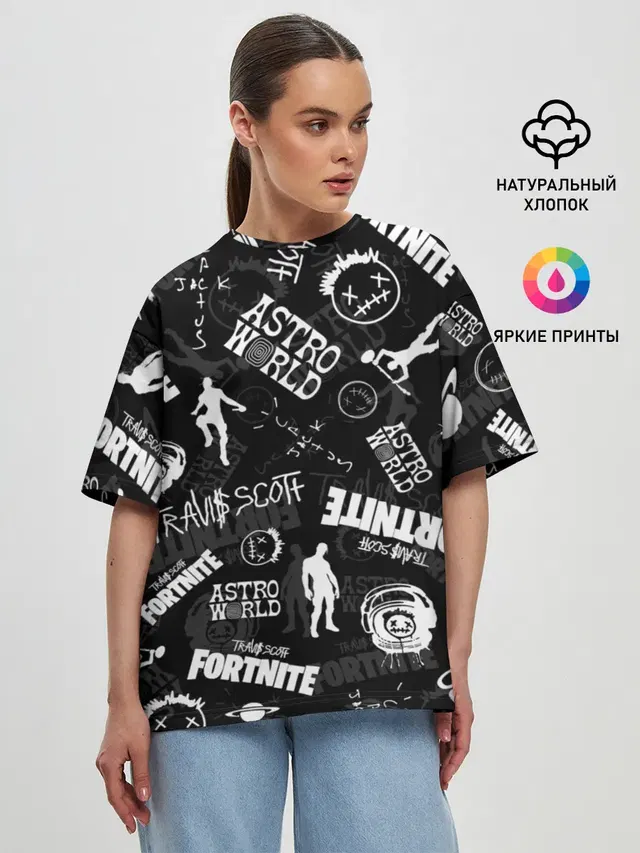 Женская футболка оверсайз с принтом «Фортнайт — TRAVIS SCOTT+FORTNITE»