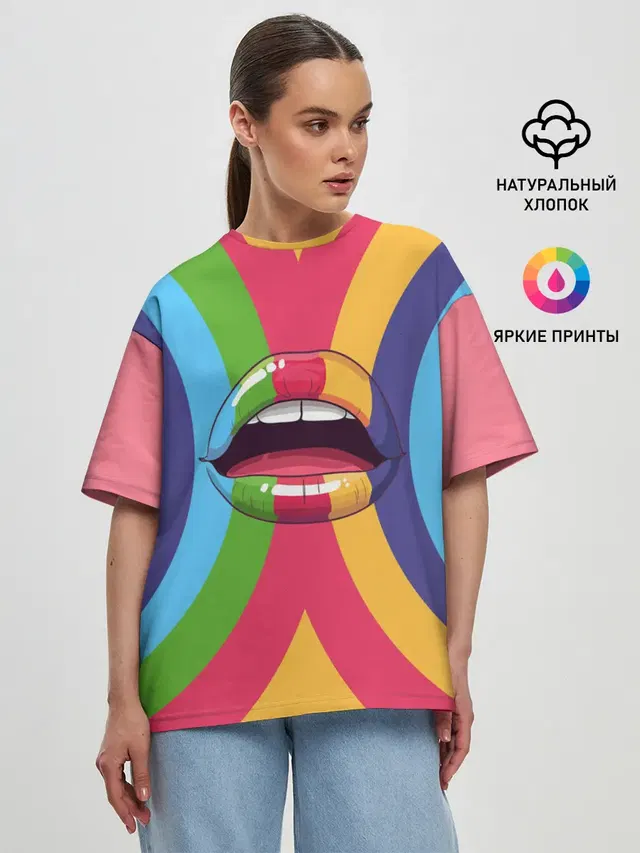 Женская футболка оверсайз с принтом «Губы — Радужные губы — Rainbow lips»
