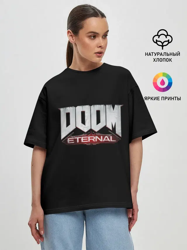 Женская футболка оверсайз с принтом «Дум — Logo+»