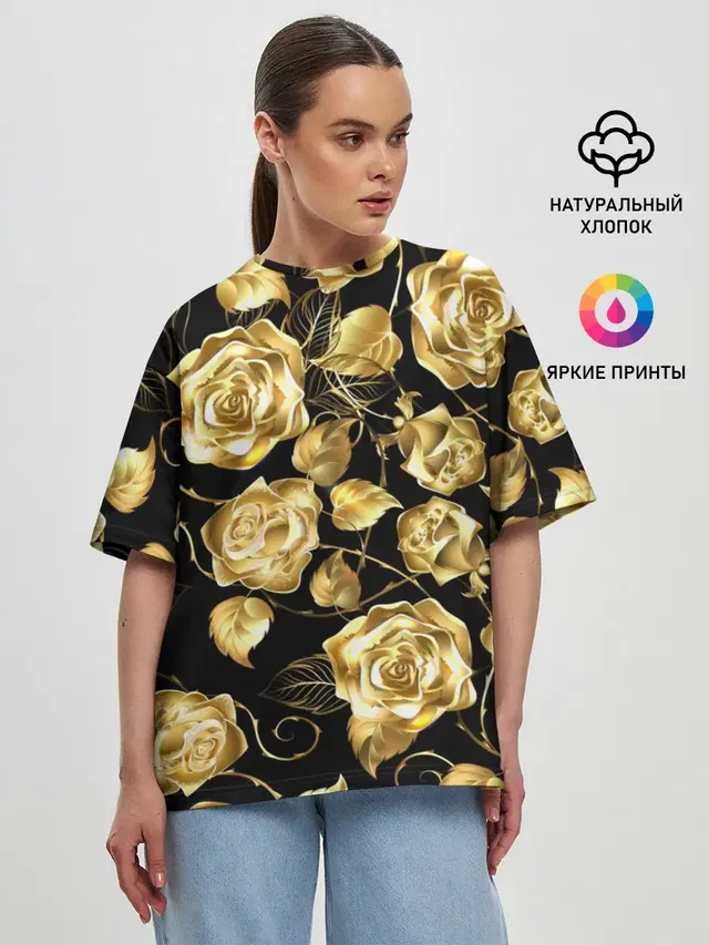 Женская футболка оверсайз с принтом «Цветы — Golden Roses»