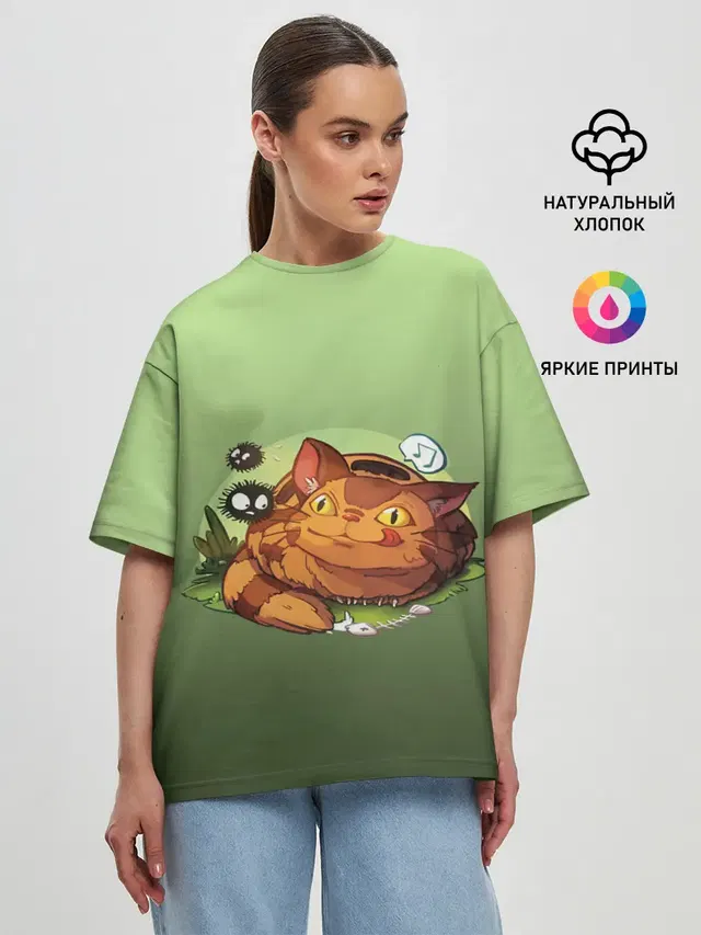 Женская футболка оверсайз с принтом «Студия GHIBLI — Catbus Studio Ghibli Котобус»