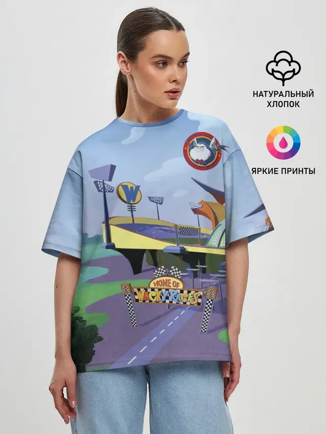 Женская футболка оверсайз с принтом «Безумные гонки — Bella Badge»
