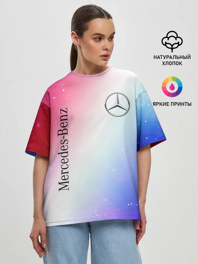 Женская футболка оверсайз с принтом «Star emblem — MERCEDES — МЕРСЕДЕС»