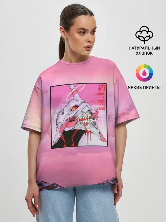 Женская футболка оверсайз с принтом «Vaporwave — Synthwave EVA Unit 01»