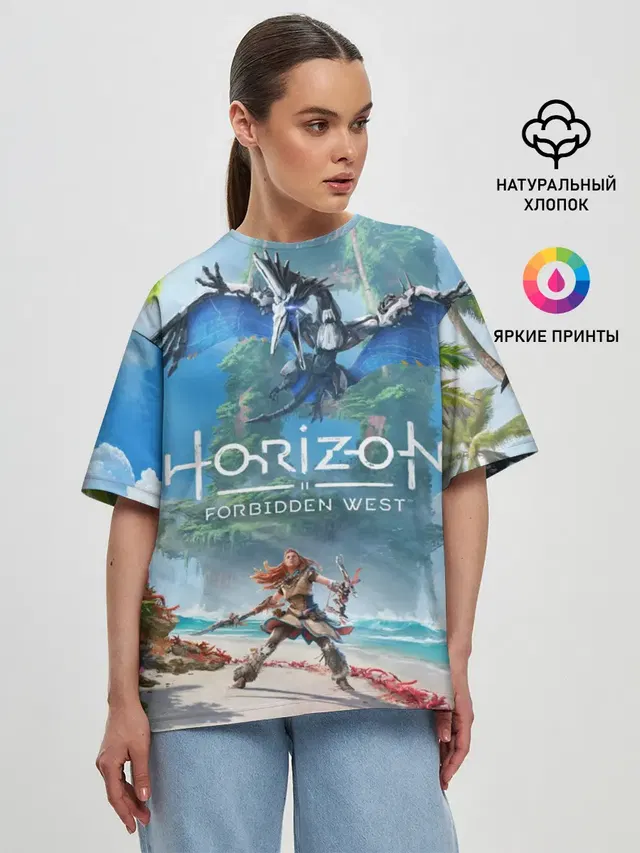 Женская футболка оверсайз с принтом «Horizon Zero Dawn — Horizon Forbidden West»