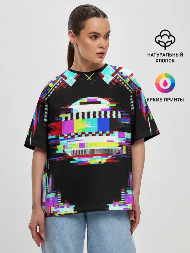 Женская футболка оверсайз с принтом «Glitch — Glitch VHS»