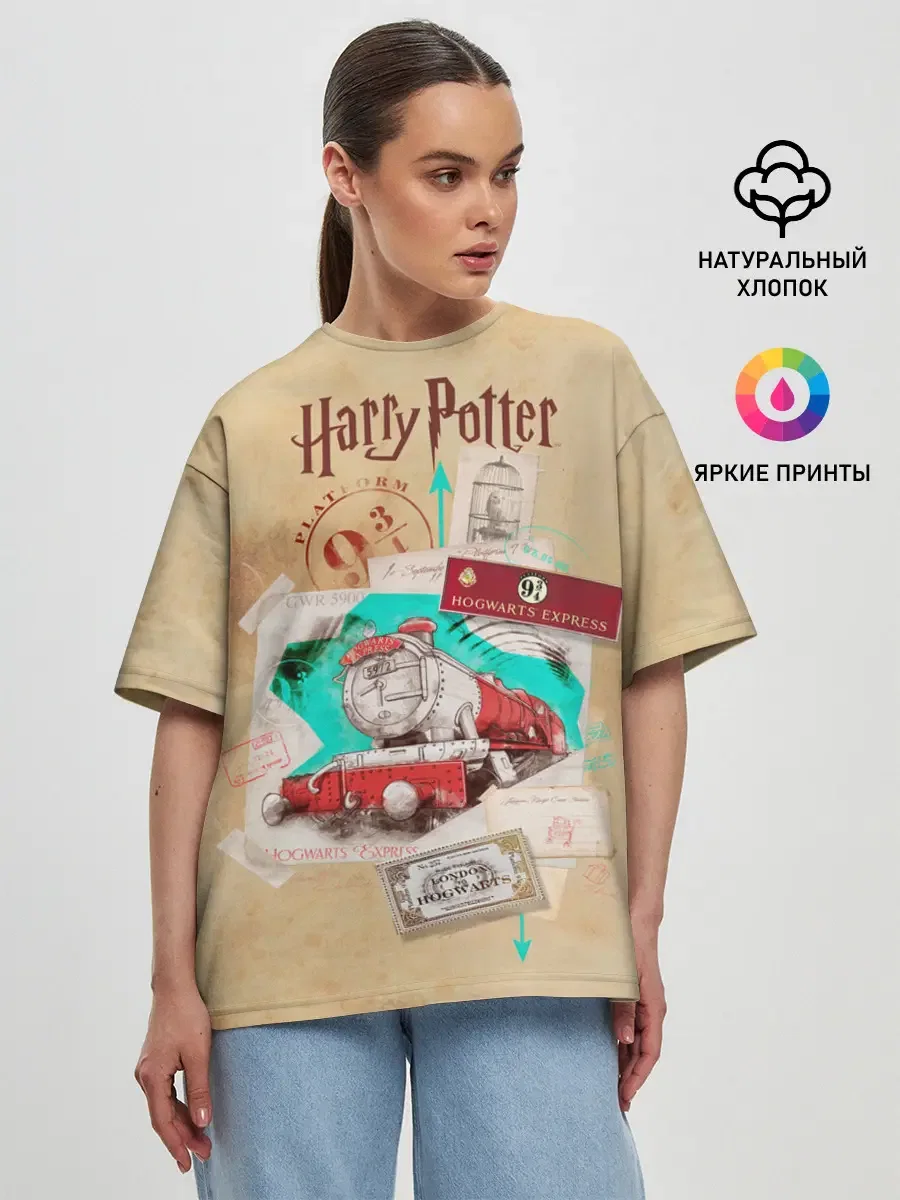 Женская футболка оверсайз с принтом «Harry Potter Hogwarts Express», вид спереди