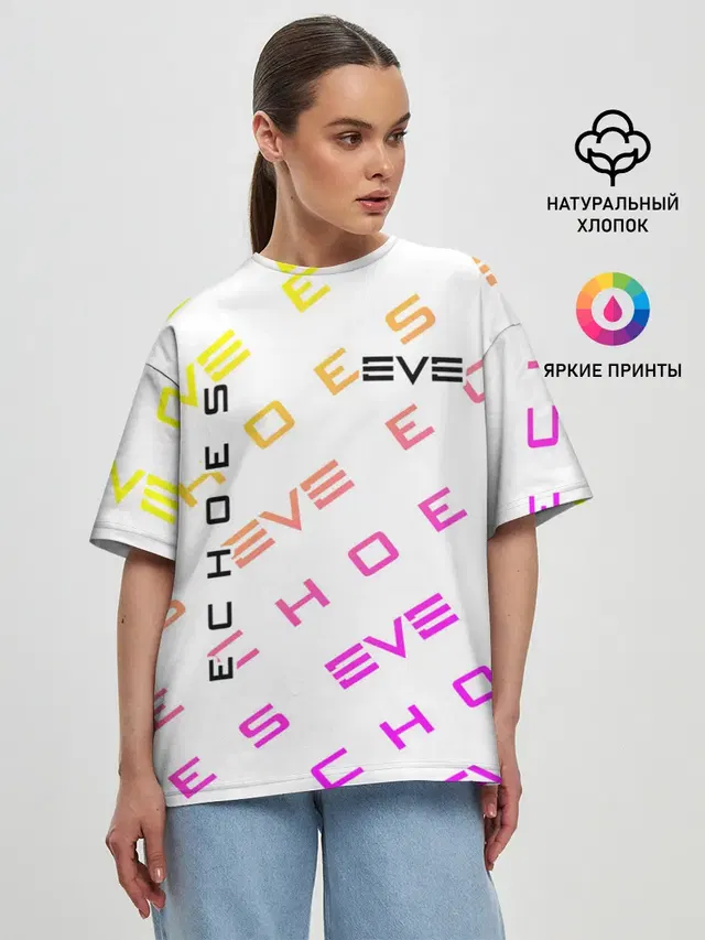 Женская футболка оверсайз с принтом «EVE online — EVE ECHOES — ИВ ЭХО»