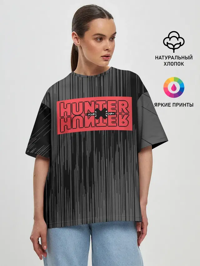Женская футболка оверсайз с принтом «Трендовые надписи — Hunter x Hunter»
