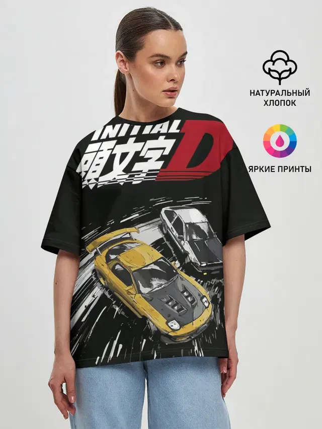 Женская футболка оверсайз с принтом «Initial D две машины»