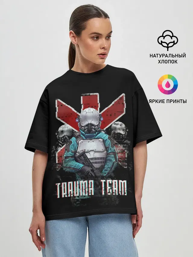 Женская футболка оверсайз с принтом «Cyberpunk 2077 — CYBERPUNK TRAUMA TEAM»