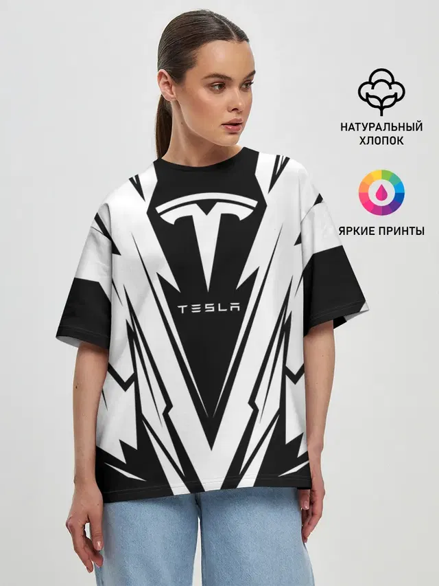 Женская футболка оверсайз с принтом «Tesla»