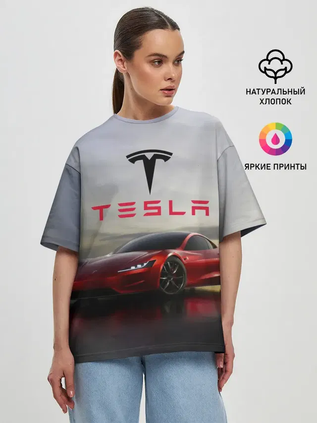 Женская футболка оверсайз с принтом «Tesla — Tesla Roadster»