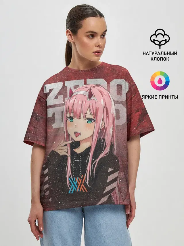 Женская футболка оверсайз с принтом «Darling in the FranXX — Zero Two в толстовке»