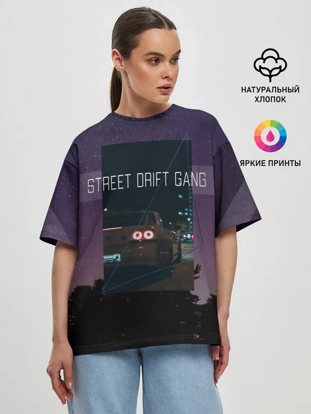 Женская футболка оверсайз с принтом «JDM Style — Street Drift Gang — Дрифт»