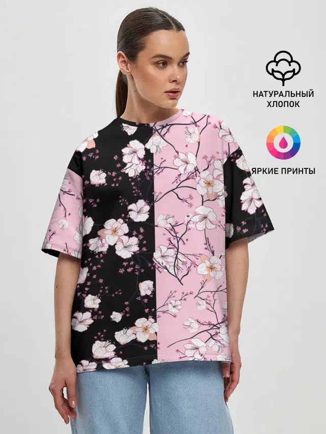 Женская футболка оверсайз с принтом «Цветы — САКУРА — SAKURA — ВИШНЯ»
