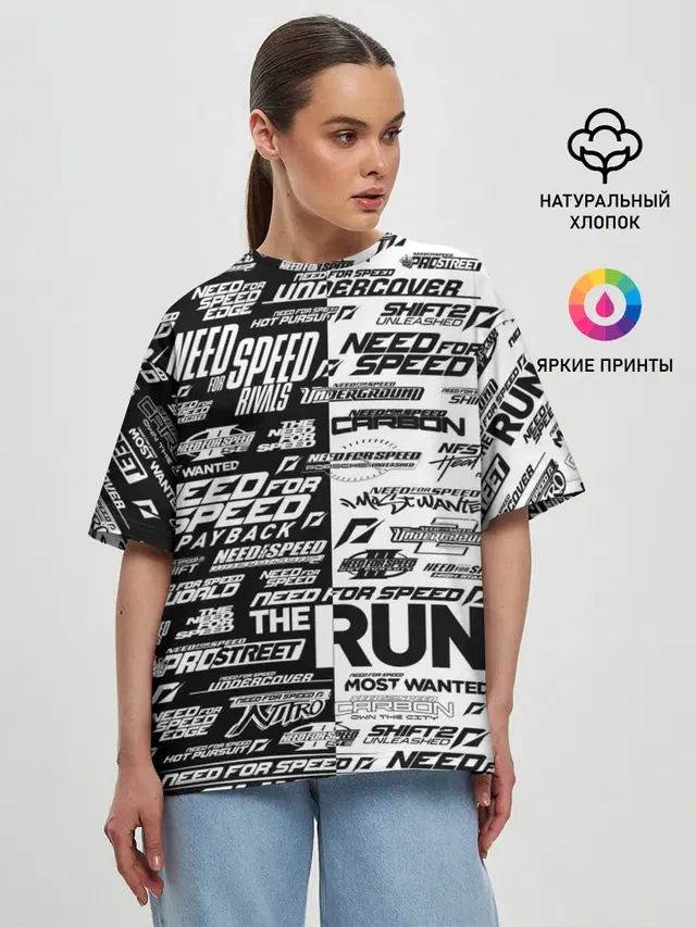 Женская футболка оверсайз с принтом «NFS ALL Logos»