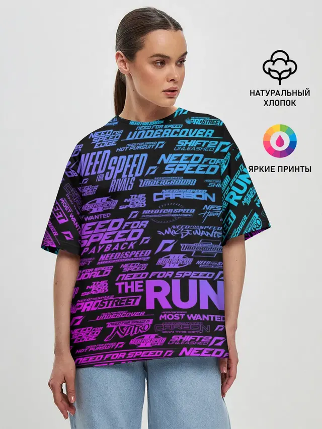 Женская футболка оверсайз с принтом «NFS ALL Logos Neon»