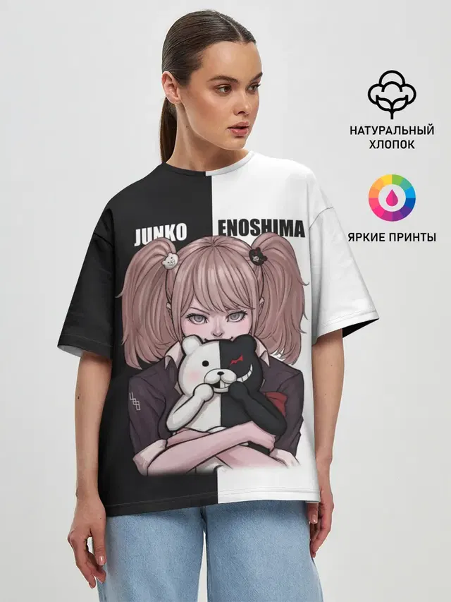 Женская футболка оверсайз с принтом «Danganronpa — MONOKUMA — JUNKO»