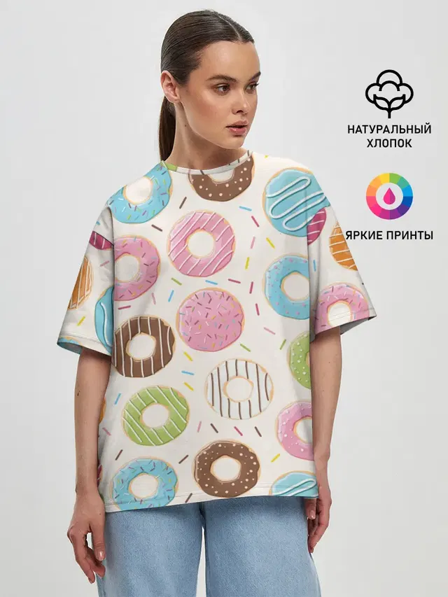 Женская футболка оверсайз с принтом «Еда — Пончики — Donuts»