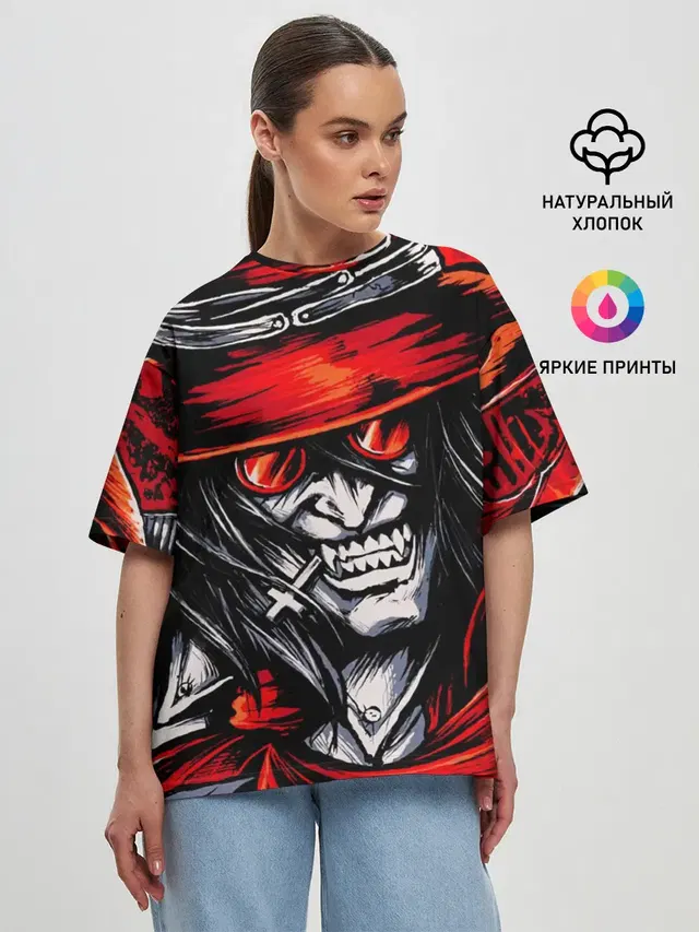 Женская футболка оверсайз с принтом «Alucard IN — ALUCARD IN RED»