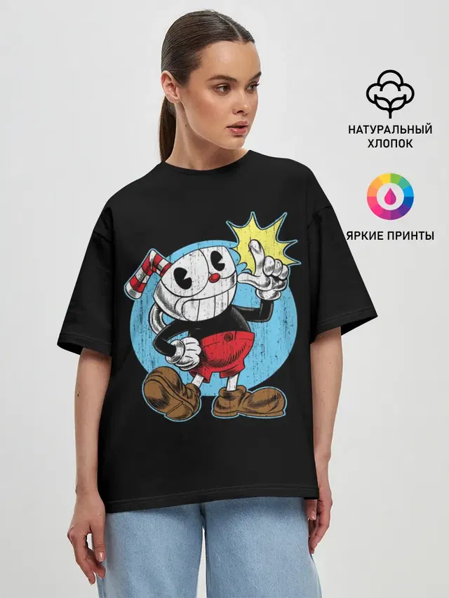 Женская футболка оверсайз с принтом «Cuphead — КАПХЕД»