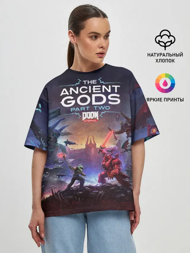 Женская футболка оверсайз с принтом «Дум — DOOM Eternal: The Ancient Gods»