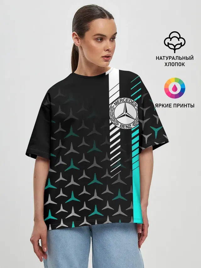 Женская футболка оверсайз с принтом «Merсedes — МЕРСЕДЕС — AQUA BLACK GRADIENT»