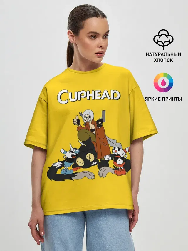 Женская футболка оверсайз с принтом «Devil May Cry — Cuphead x DMC»