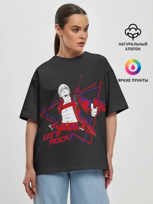 Женская футболка оверсайз с принтом «Devil May Cry — Lets Rock — DMC»