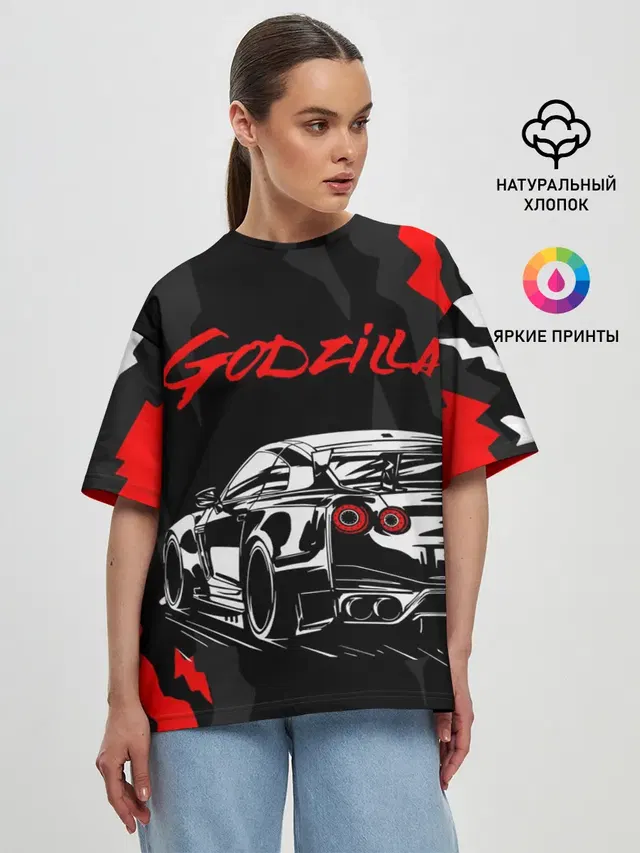 Женская футболка оверсайз с принтом «Nissan — NISSAN GT-R — GODZILLA»