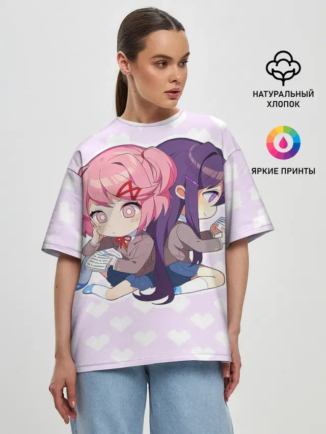 Женская футболка оверсайз с принтом «Chibi Natsuki and Yuri»