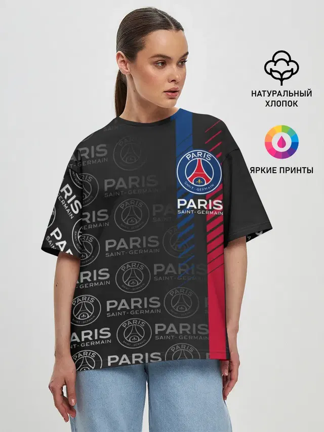 Женская футболка оверсайз с принтом «ПСЖ — ФК ПСЖ — PARIS SAINT GERMAIN»