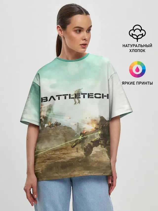 Женская футболка оверсайз с принтом «BattleTech — Битва мехов»