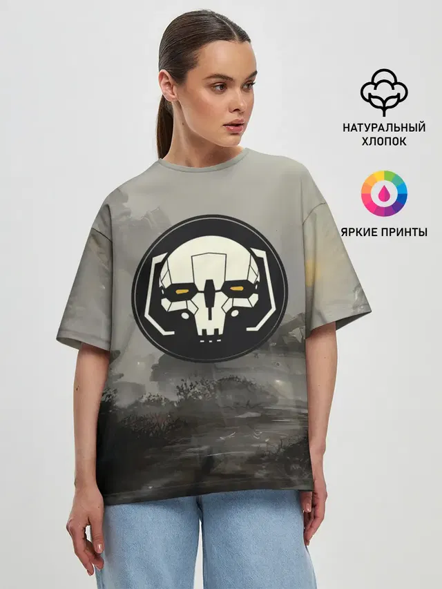 Женская футболка оверсайз с принтом «BattleTech — SkulMech»