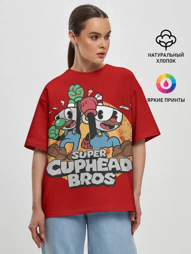 Женская футболка оверсайз с принтом «Super Cuphead Bros»