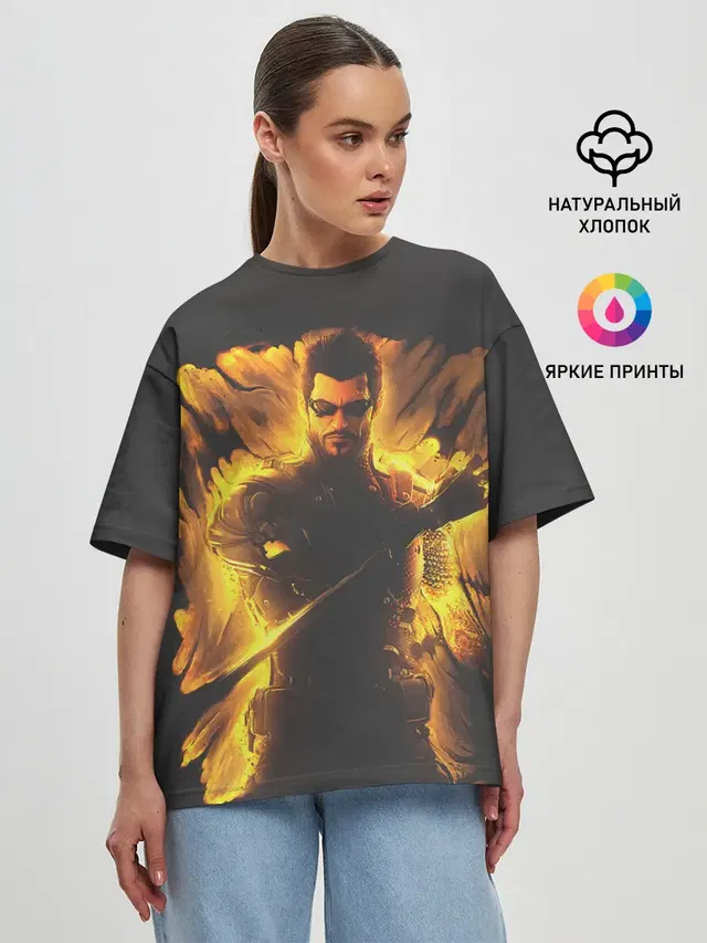 Женская футболка оверсайз с принтом «Deus Ex — Jensen in fire»
