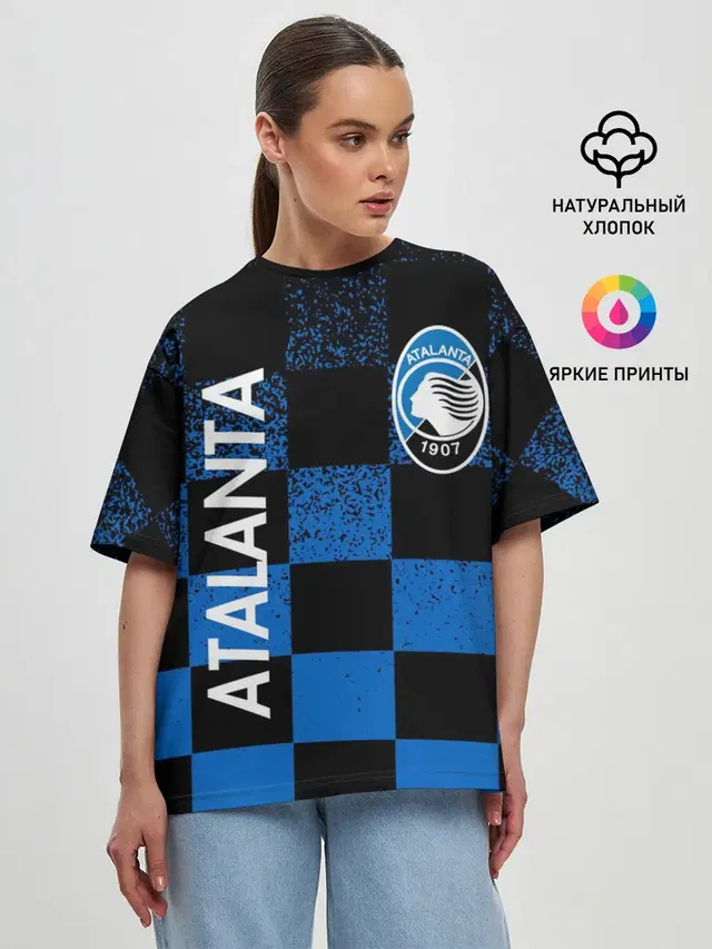 Женская футболка оверсайз с принтом «Разные футбольные принты — FC ATALANTA — ФК АТАЛАНТА»