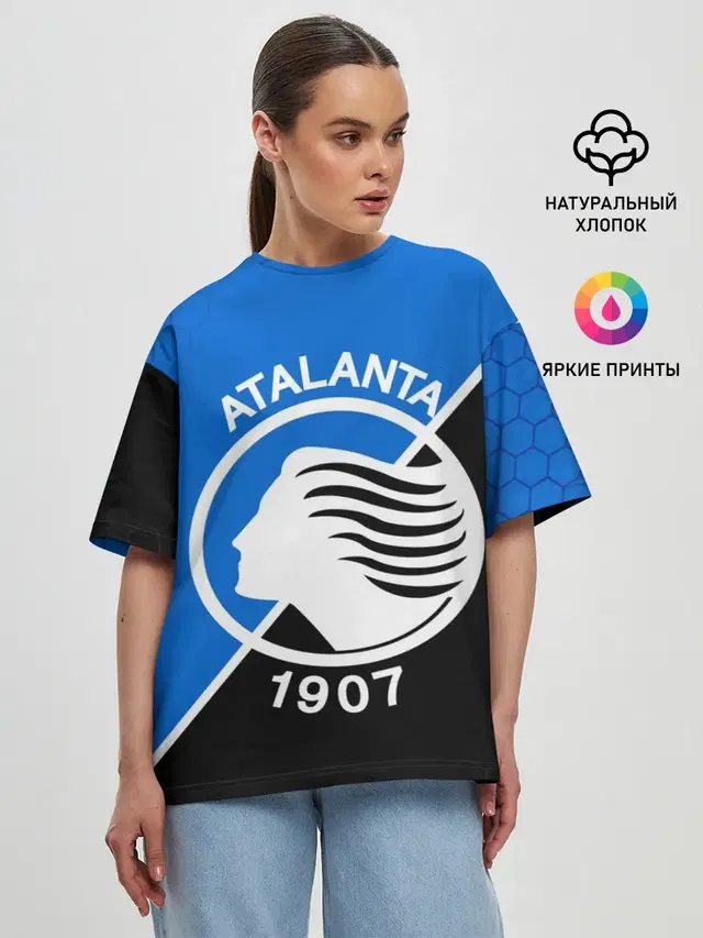 Женская футболка оверсайз с принтом «Разные футбольные принты — FC ATALANTA — ФК АТАЛАНТА»