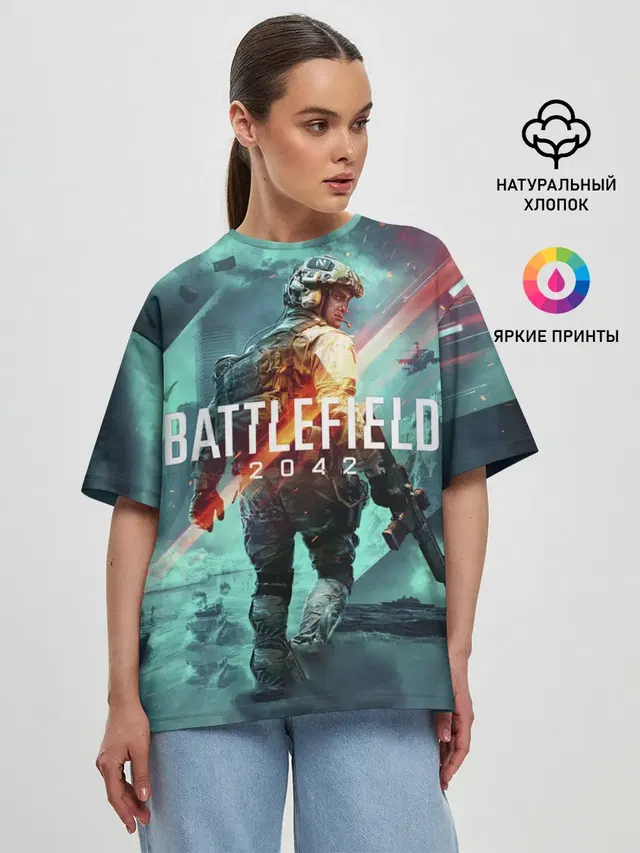 Женская футболка оверсайз с принтом «BATTLEFIELD — Баттлфилд 2042»