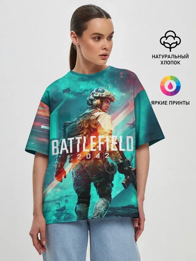 Женская футболка оверсайз с принтом «BATTLEFIELD — Battlefield 2042»
