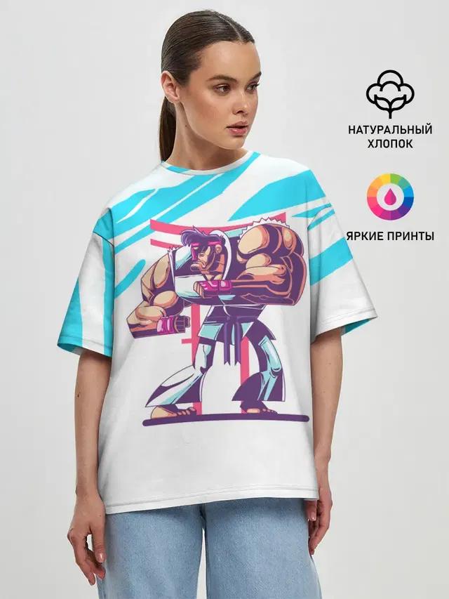 Женская футболка оверсайз с принтом «Street Fighter — Опасный Рю»