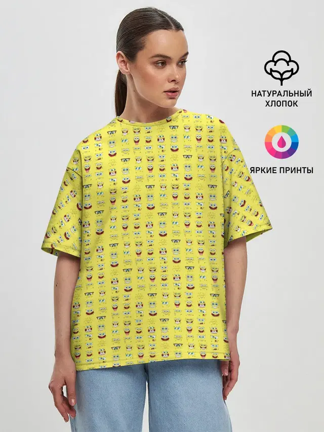 Женская футболка оверсайз с принтом «Губка Боб — SpongeBobs facial expressions»