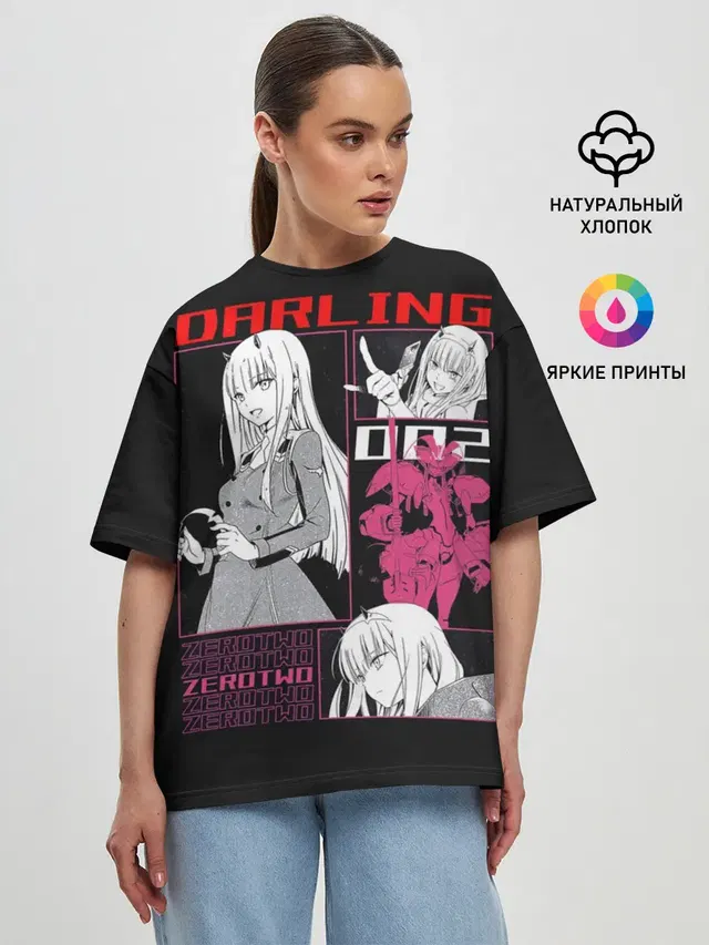 Женская футболка оверсайз с принтом «Darling in the FranXX — Зеро Ту с рожками»