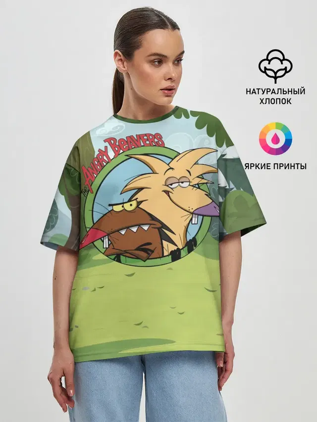 Женская футболка оверсайз с принтом «Крутые бобры — Angry Beavers»