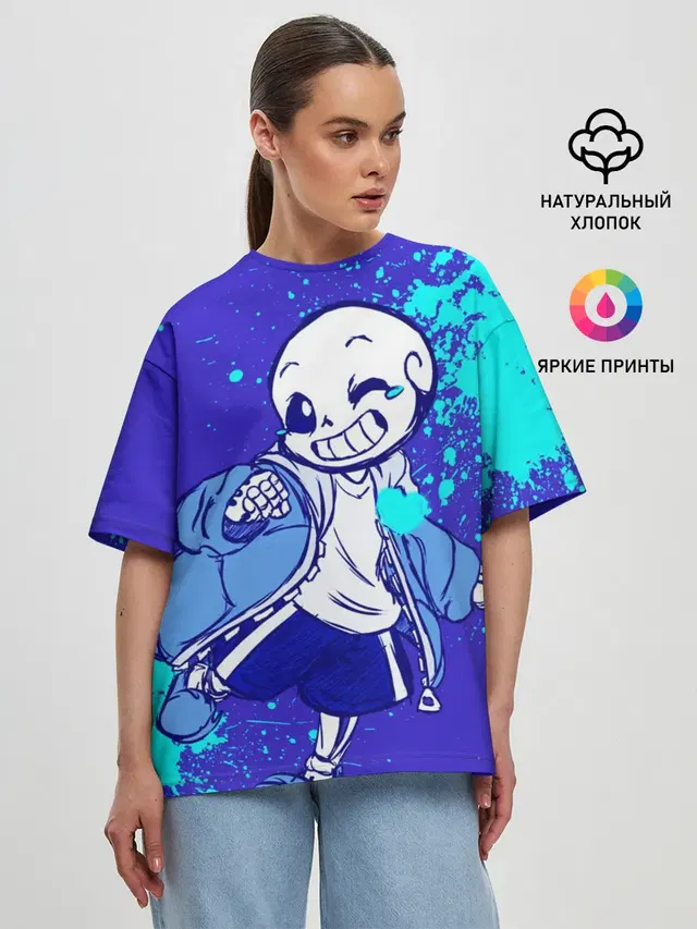 Женская футболка оверсайз с принтом «Skeleton — UNDERTALE SANS BLUE»
