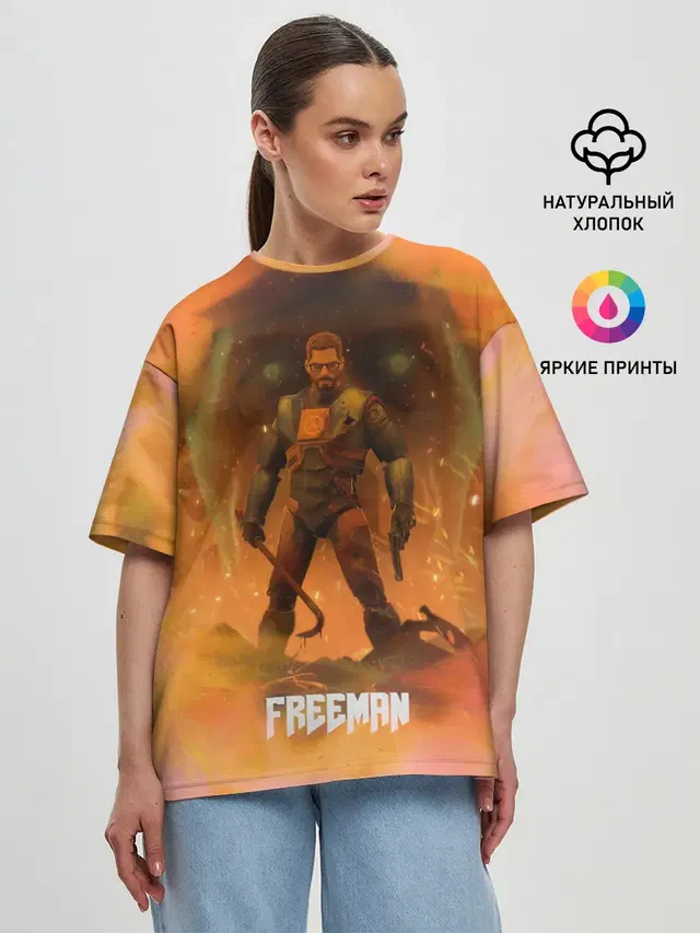 Женская футболка оверсайз с принтом «Half-Life — FREEMAN — GMAN»